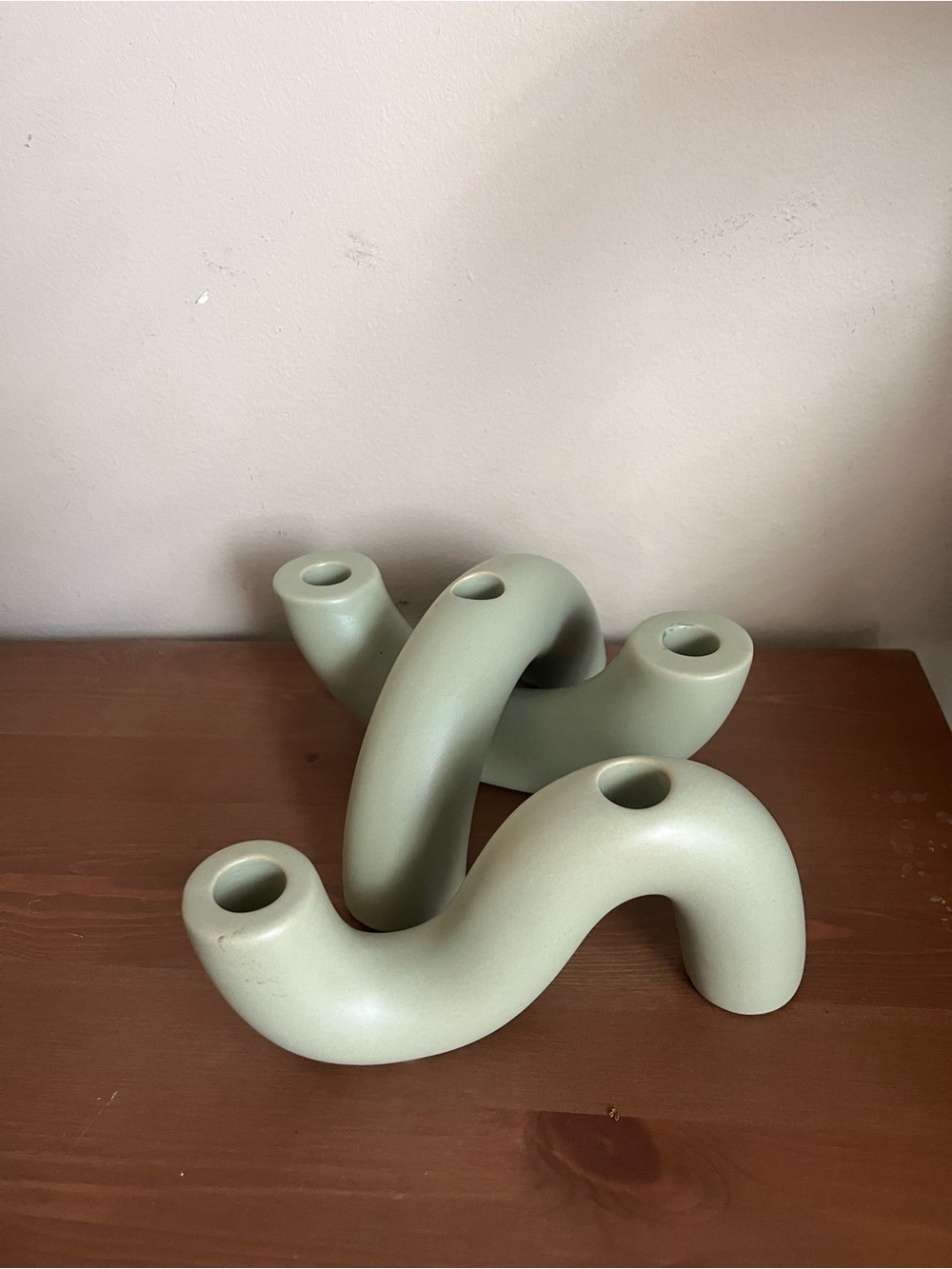 Wavy Sculptural Ceramic Candle Holder Set in Sage Green